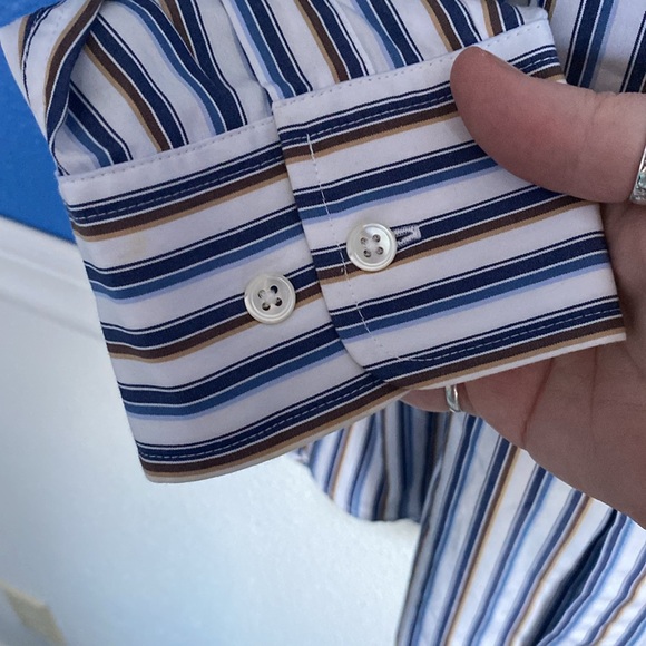 Faconnable Club Fit Striped Long Sleeve Button Down Shirt. White/Tan/Blue. Sz. L - Picture 14 of 16